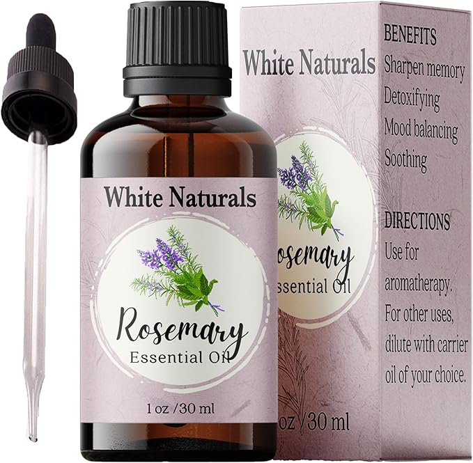 White Naturals Organic Rosemary Essential Oil, 100% Pure & Natural, 1 Fluid Ounce, Aromatherapy, Vegan, Non-GMO, Strengthening, Conditioner, DIY Soap Making