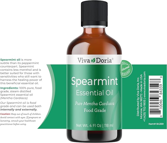 Viva Doria Spearmint Essential Oil, 100% Pure, Natural Spearmint Essential Oil, Undiluted, for Aromatherapy | Food Grade, 118 mL (4 Fluid Ounce)