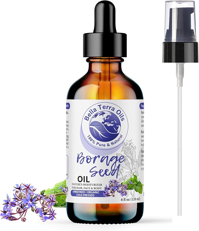 Bella Terra Oils - Organic Borage Seed Oil 4oz - Full of GLA, Embrace The Essence of Pure Organic Borage, Rich in Vitamins A & C, A Natural Boost for Skin's Vitality