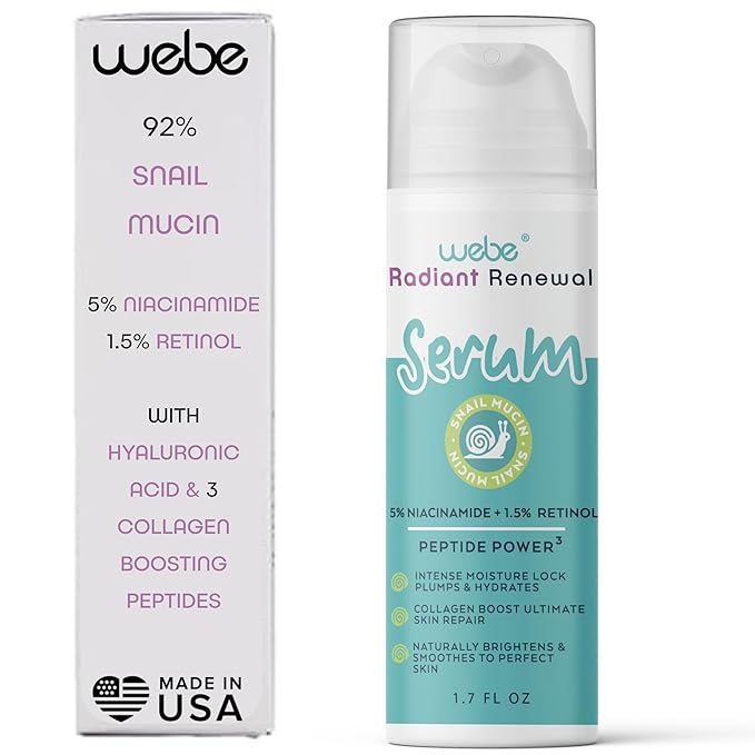 WEBE Snail Mucin 92% Radiant Renewal Serum | Retinol 1.5%, Niacinamide 5%, Peptides, Vitamin C, Hyaluronic Acid & Zinc PCA | Anti-Aging Plumping Serum with Intense Moisture Lock, Glowing Smooth Skin