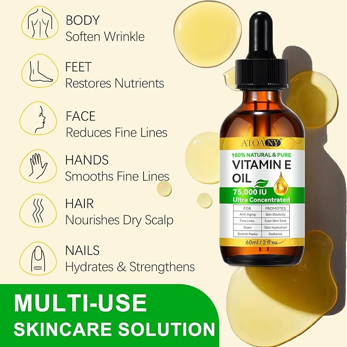 Vitamin E Oil 75,000 IU - Pure & Natural Skin & Hair Care - Moisturizing for Face, Body, Sars and Scalp - Non-GMO, Gluten-Free, Paraben-Free