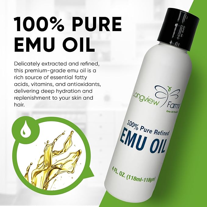 Longview Farms® Emu Oil - Hair and Body - 100% Pure & Refined | Pure Emu Oil for Skin & Hair Care | Premium Quality Hydration & Nourishment | 1 Fl. Oz
