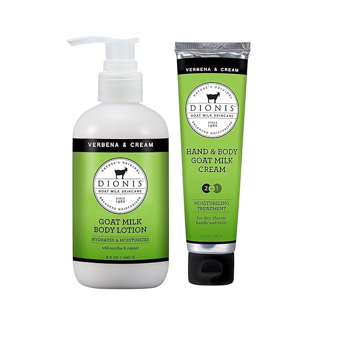 Dionis Goat Milk Skincare Verbena & Cream 8.5oz Hydrating Body Lotion and 3.3oz Hand & Body Moisturizing Travel Size Cream Bundle, Natural Ingredients, Made in the USA, Cruelty Free, Paraben Free