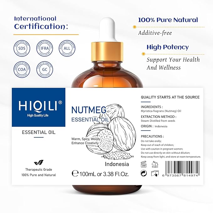 HIQILI Nutmeg Essential Oil 3.38 Fl Oz, Pure Natural Nutmeg Oil for Aromatherapy, Diffuser - 100ml