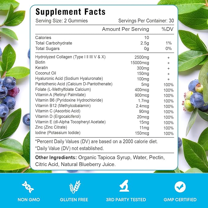 2 Pack Biotin Gummies with Collagen & Keratin for Hair Skin Nails- Women Men, Kids - 120 Blueberry Flavored Gummies