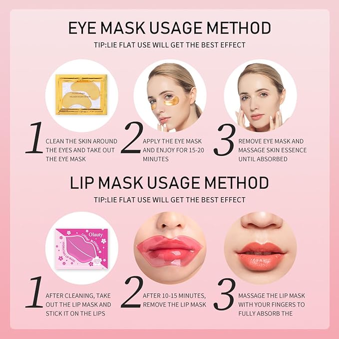 20 Pairs Lip Masks & Eye Masks, 24K Gold Gel Crystal Collagen Eye Pads, Moisturizing Lip Mask Crystal Pads, Under Eye Patches for Puffy Eyes, Dark Circles, Eye Bags, Wrinkles and Fine Lines