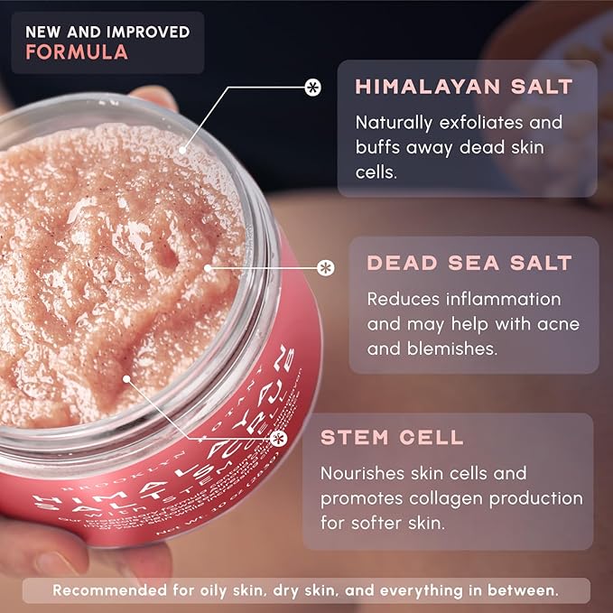 Brooklyn Botany Himalayan Salt & Stem Cell Body Scrub - Moisturizing and Exfoliating Body, Face, Hand, Foot Scrub - Fights Stretch Marks, Fine Lines, Wrinkles - Great Gifts for Women & Men - 10 oz