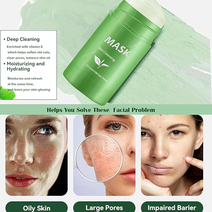 Green Tea Clay Mask for Face, 2 Pack Green Tea Deep Cleanse Mask Stick Blackhead Remover Green Clay Mask For Face Moisturizing, Purifying, Pore Cleansing, Skin Brightening Suitable for All Skin Types