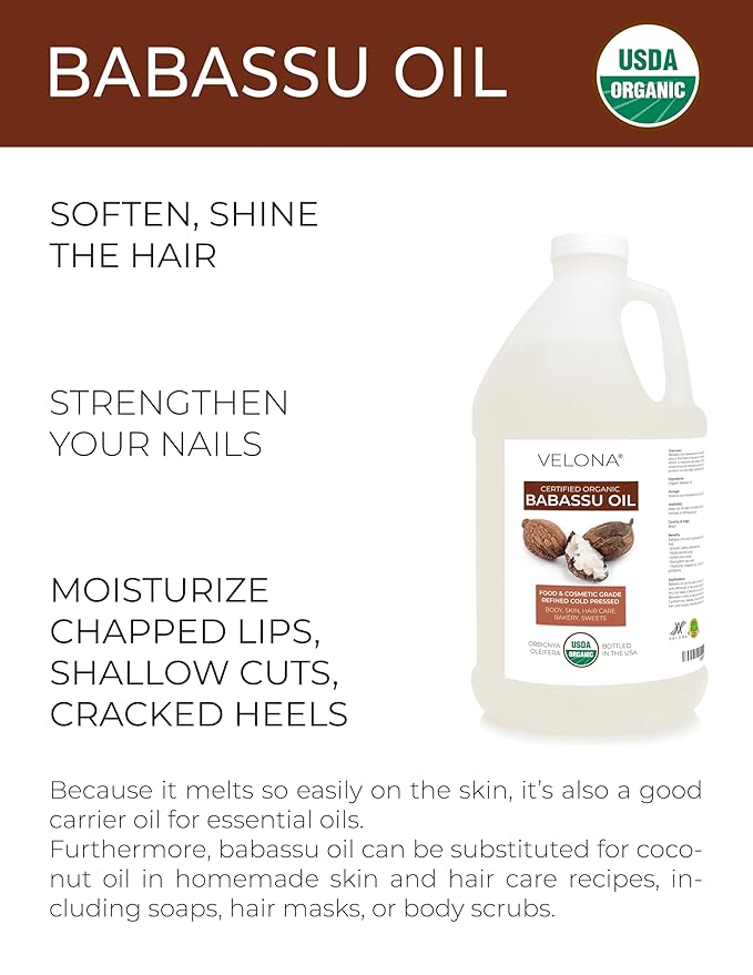 velona Babassu Oil USDA Certified Organic - 1 Gallon / 128 Fl Oz | 100% Pure and Natural Carrier Oil | Refined, Cold Pressed | Face, Hair, Body & Skin Care and Cooking | Use Today - Enjoy Results