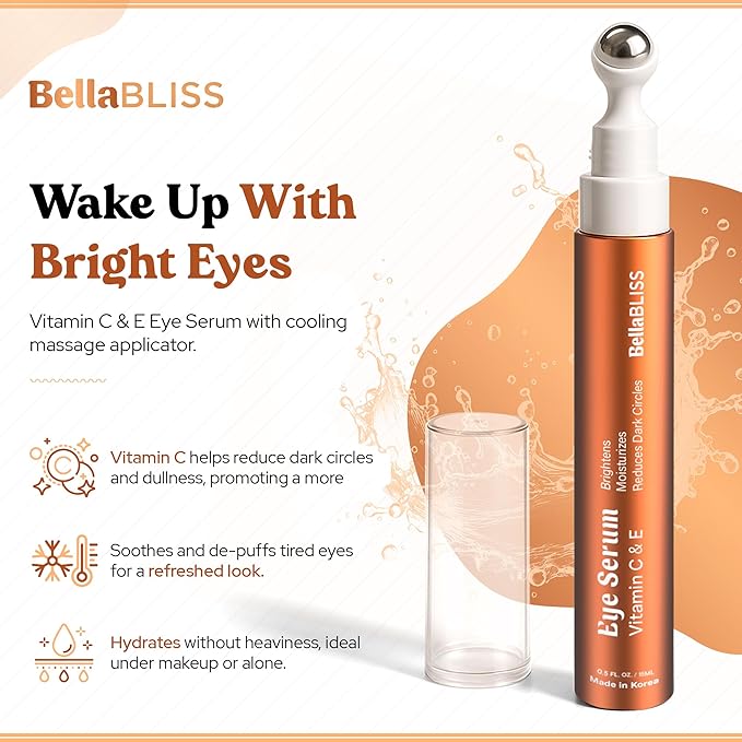 BellaBLISS Vitamin C & Vitamin E Eye Serum ā Hydrating Under Eye Roller for Puffiness, Wrinkles & Dark Circles ā Lightweight Cooling Formula ā 0.5 fl.oz / 15 ml ā Pack of 1