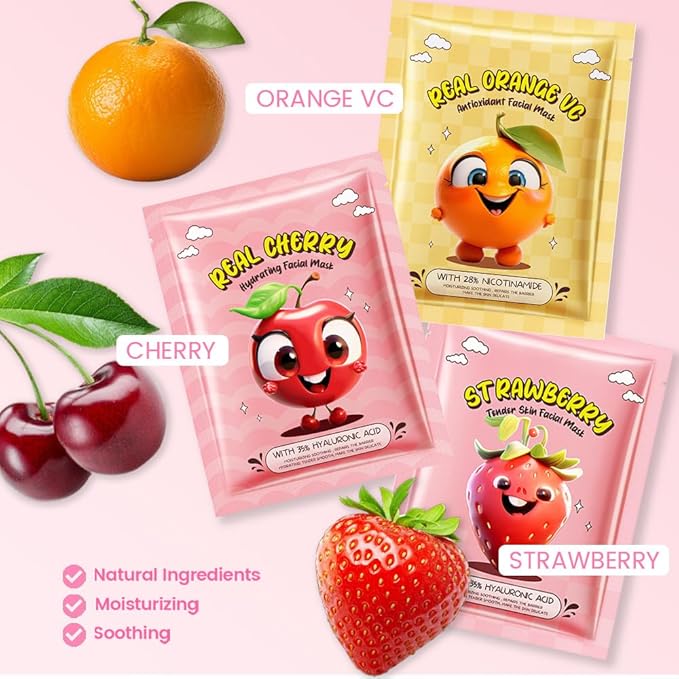 Kaely 10 Pack Fruit Face Masks for Kids, Kids Face Mask Spa Day kit Supplies, Spa Party Favors for Teens Girls Women, Sheet Facial Mask Skincare Gifts Set, Moisturize Soothe for All Skin Types, 03
