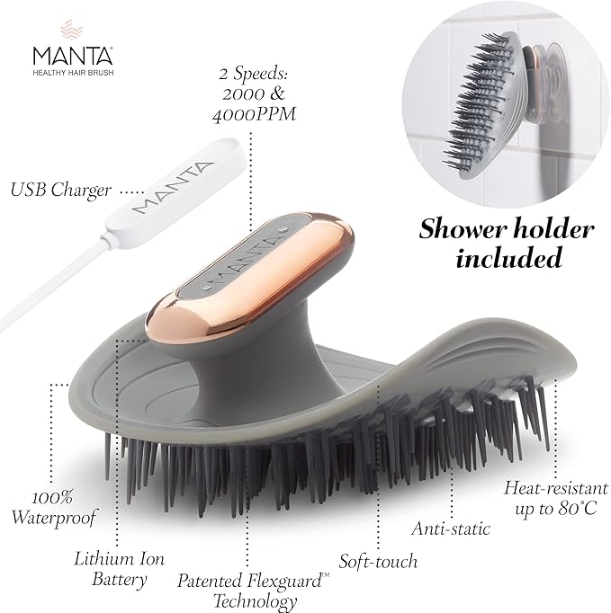 MANTA Pulse Electric Scalp Massage Brush – Wet Exfoliating Scalp Massager, Shampoo Brush for Hair Growth with Shower Holder, Grey
