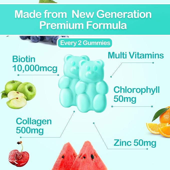 Biotin Gummies, Biotin 10,000mcg with Collagen Gummies for Hair Growth, Chlorophyll, Vatimin A, B6, B12, C, D, E, Vegan Natural Hair Skin and Nails Gummies for Men Women - 2 Packs