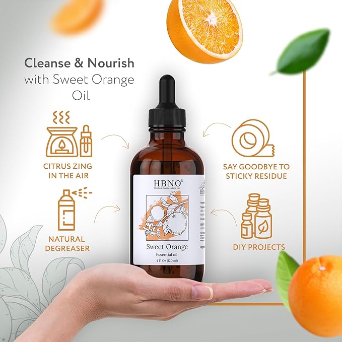 HBNO California Bottled Orange Essential Oil 4 fl oz (120ml) Value Size - Natural Orange Oil, Cold Pressed - Perfect for Cleaning, Aromatherapy, DIY, Soap & Diffuser -
