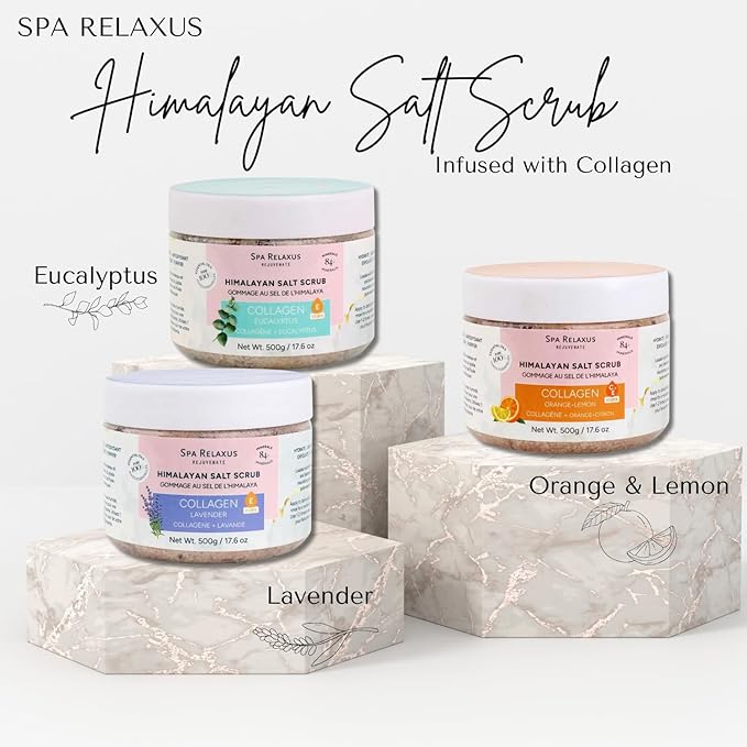 Spa Relaxus Himalayan Salt Scrub with Collagen 17.6 oz Jar, Rejuvenating Hydrating Salt Scrub with 84+ Minerals, Vitamin E, Jojoba Oil and Essential Oils (17.6 oz, Lavender)