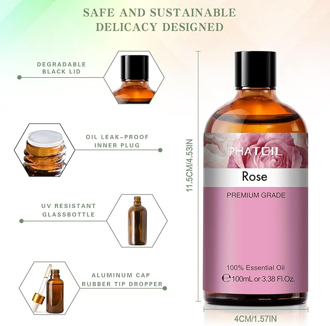 3.38FL.OZ Rose Essential Oil with Glass Dropper, for Aromatherapy Diffusers, Humidifiers, Great for DIY Candle and Soap Making, Huge 100ML Bottle