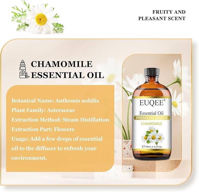 Chamomile Essential Oil 118ml Pure Chamomile Oil Aromatherapy Essential Oil with Glass Dropper for Diffuser, Candle Making - 4 OZ