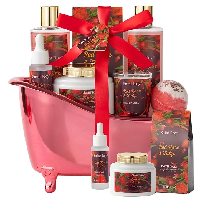 spa kit Gifts for Her Mother's Day Bath Spa Gift Set Red Rose & Tulip Spa Basket Kits for Women, Contains Body Oil, Body Lotion, Salt, self care baskets for women gift Mother's Day Gift for Mom