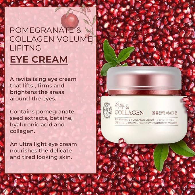 The Face Shop Pomegranate & Collagen Volume Lifting Eye Cream | Ultra-Light Eye Cream for Eye Skin Lifting, Firming & Brightening | Reduce Dark Circles | Deep Hydrating Under Eye Area, 1.69 Fl Oz