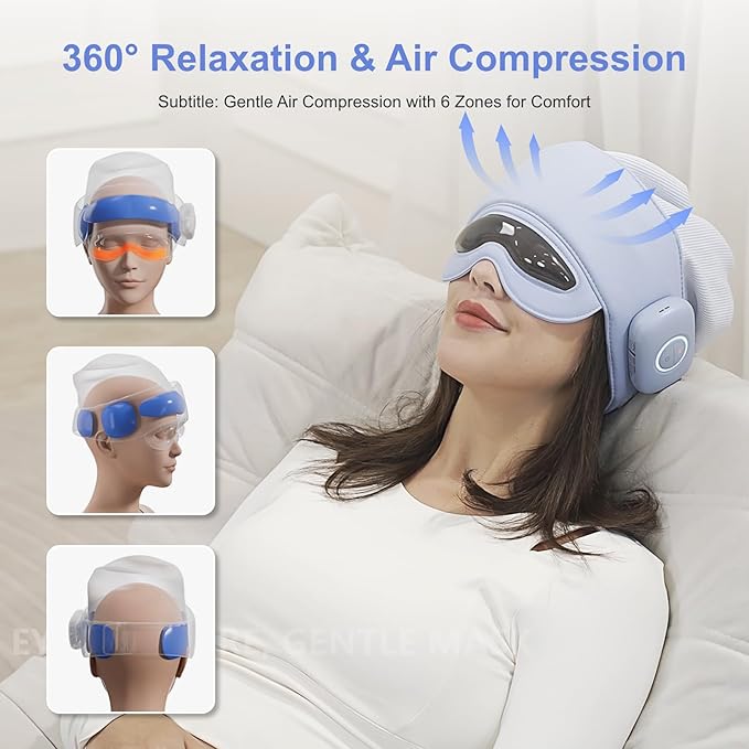 Head Massager for Fatigue Relief, Eye Massager with Heat, Head and Eye Massage for Stress Relief, Bluetooth-Capable, Rechargeable, Ideal for Rest & Relaxation,Avoid Walking/Reading While Using