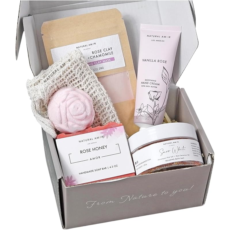 Natural Amor Spa Gifts for Women,Luxurious Rose Scent Bath gift for her, 6pc Bath & Body gift including Soap Bar, Bath Bomb, Bath Salt
