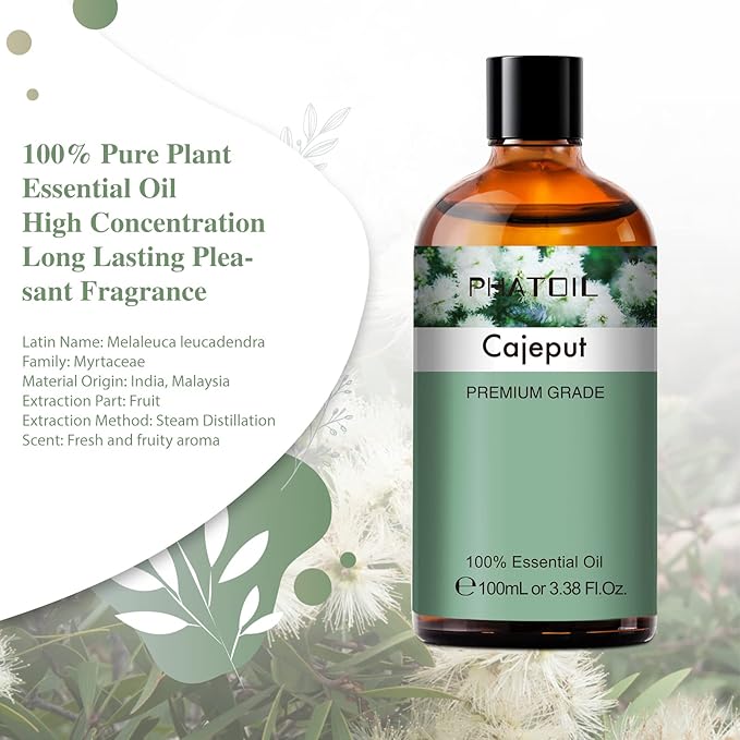 Cajeput 3.38fl.oz Essential Oil, PHATOIL Pure Aromatherapy Oils for Diffuser, Humidifier, Perfect for DIY Soap, Candle, Bath Bombs Making(100ml)