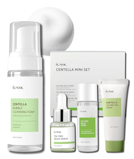 IUNIK Centella Mini Set, Travel Friendly Skincare Set, Ultra calming and hydrating for sensitive skin: Tea Tree Relief Toner,Serum, Centella Calming Gel with Foam Cleanser