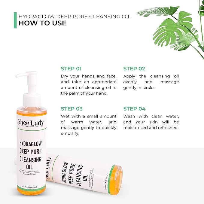 Shee'lady Hydraglow Deep Pore Cleansing Oil, limpiador facial en aceite – Best Cleansing Oil for Face, Blackhead & Makeup Remover Korean Skin Care, 6.76 fl oz (200ml)