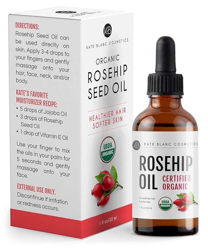 Kate Blanc Cosmetics Rosehip Oil for Face & Skin (1oz, Organic, Pure, Cold Pressed) Rosehip Seed Face Oil for Facial & Gua Sha Massage