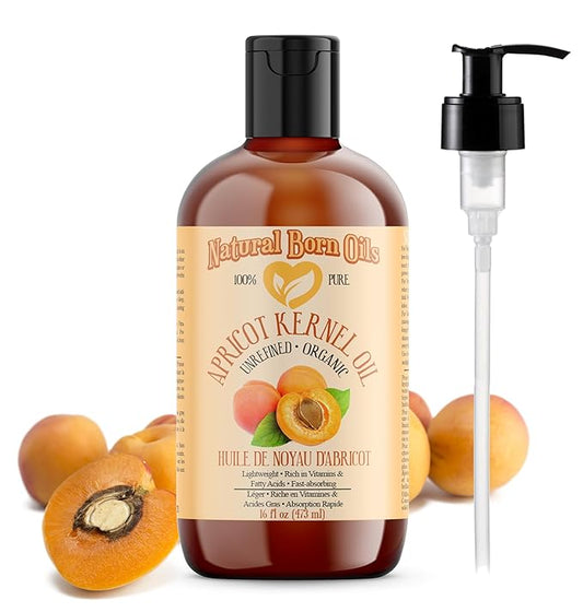 Natural Born Oils Apricot Kernel Oil. 16oz. 100% Pure and Natural, Cold-pressed, Organic Moisturizer Ideal for All Skin Types