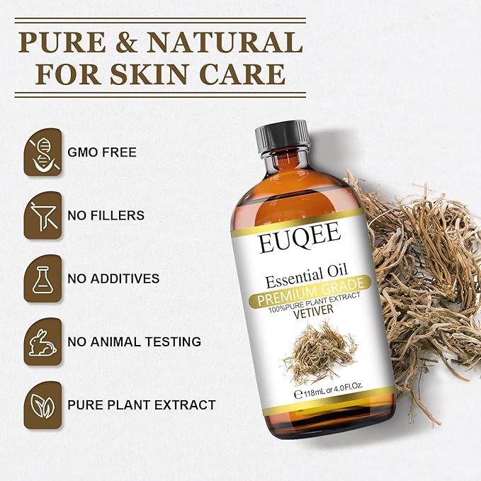 Vetiver Essential Oil 4oz/118ML Large Bottle Vetiver Oil Premium Essential Oil for Candle Making, Humidifier, Diffusers - with Glass Dropper