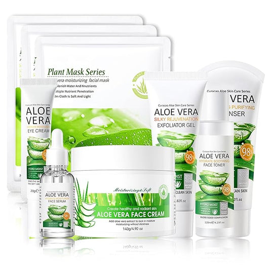 Aloe Vera Skincare Set,Hydrating Travel Size Face Wash,Moisturizing Face Toner & Face Serum & Face Cream,Eye Cream Skin Care Gift Set for Women(9PCS)