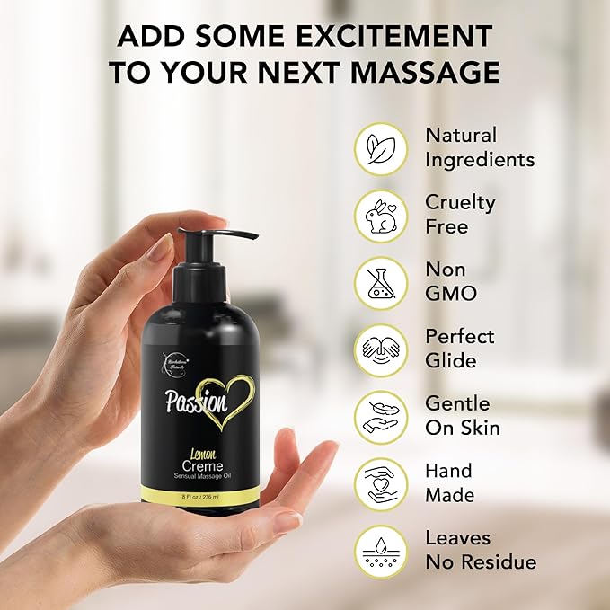Passion Sensual Massage Oil for Date Night | 100% Natural Body Oil for Couples with Jojoba & Almond | Aromatherapy & Relaxing Massage Therapy | Perfect Glide & Smooth Skin | Lemon Crème Scent
