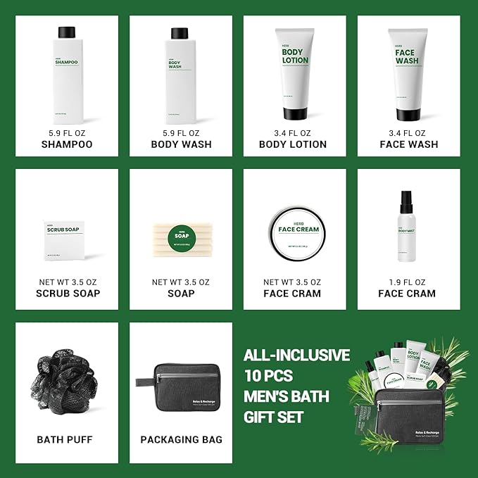 Bath Gifts for Men, 10 Pcs Herbal Mens Spa Set, Bath and Body Gift Basket Includes Shower Gel, Face Wash, Face Cream & More, Fathers Day Gifts for Him