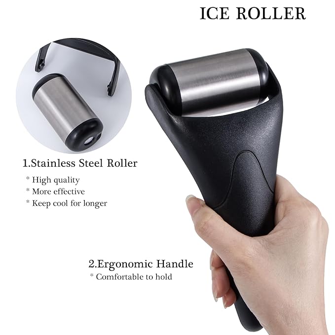 2 Pack Ice Roller for Face - Stainless Steel & Black Roller, Eye Puffiness Relief, Reduce Pain, Skin Care Face Massager Tools Self Care Gift for Men Women