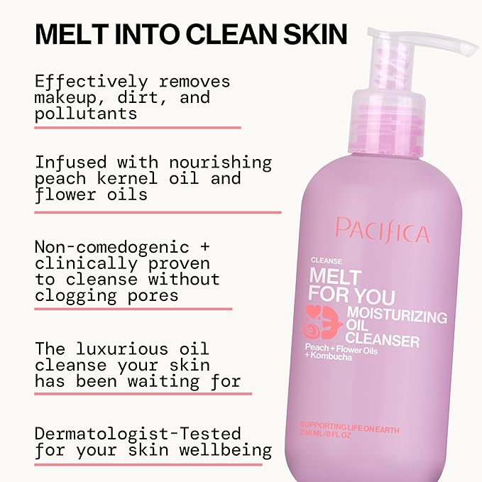 Pacifica Melt For You Facial Cleansing Oil – Hydrating Daily Face Wash & Makeup Remover Oil Cleanser for All Skin Types, Gentle Non-Comedogenic, Vegan, Clean Beauty, Dermatologist Tested 8 fl oz