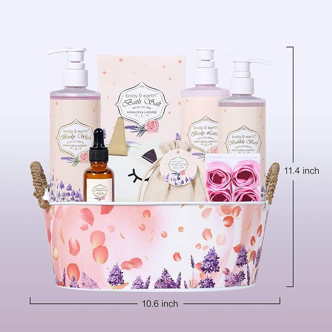Spa Gift Baskets for Women, Bath Set for Women Gift - Body & Earth 10 Pcs Gifts Set with Rosewater & Lavender, Includes Bubble Bath, Body Lotion, Shower Gel, Home Spa Kit Gift for Her