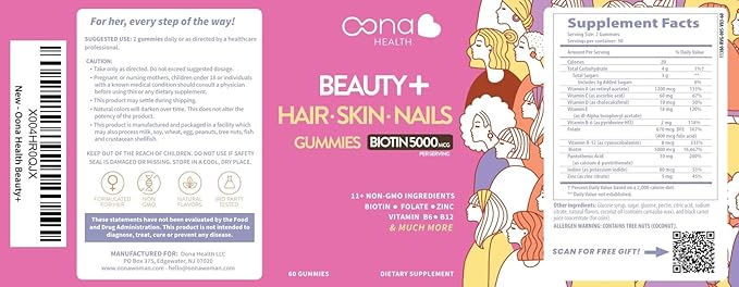 Beauty+ Hair Nails and Skin Vitamins - Biotin Gummies 5,000 Mcg - Folate - Vitamin B Complex B5, B6, B12 - Biotin Vitamins - Faster Hair Growth Gummies, Stronger Nails, Healthy Skin Care