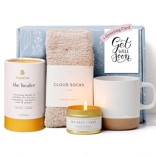 Unboxme Comforting Care Package for Women - Organic Self-Care Get Well Soon Gift Basket with Fluffy Socks, Lemon Ginger Tea Set, Sea Salt, Scented Candle - Ideal Post-Surgery & Feel Better Basket