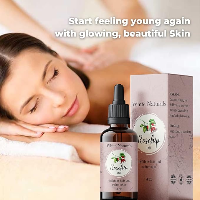 White Naturals Organic Rosehip Seed Oil Cold Pressed, Unrefined 100% Pure Rose Hip Carrier Oil, Natural Moisturizer For Body Face Hair Skin Massage & Nails, Facial Serum Anti-Aging Treatment 4 oz