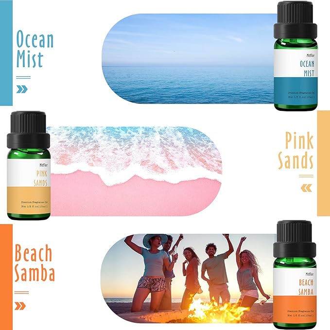 Beach Fragrance Oil, MitFlor Premium Scented Oils for Diffuser, Soap & Candle Making Scents, Summer Aromatherapy Essential Oils Set, Coastal Linen, Ocean Mist and More, 6x10 ml