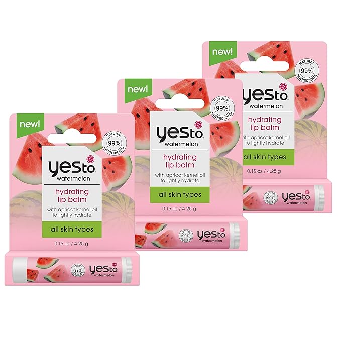 Yes To Watermelon Hydrating Lip Balm, Refreshing Non-Sticky Formula That Restores Dry Cracked Lips & Locks In Moisture, With Apricot Kernel Oil & Antioxidants, Natural & Cruelty Free, 0.15 Oz, 3-Pack