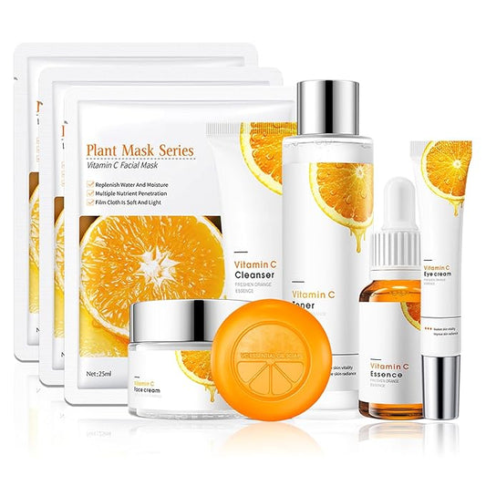 Vitamin C Skincare Set,Hydrating Travel Size Face Wash,Moisturizing Face Toner & Face Serum & Face Cream,Eye Cream Skin Care Gift Set for Women(9PCS)