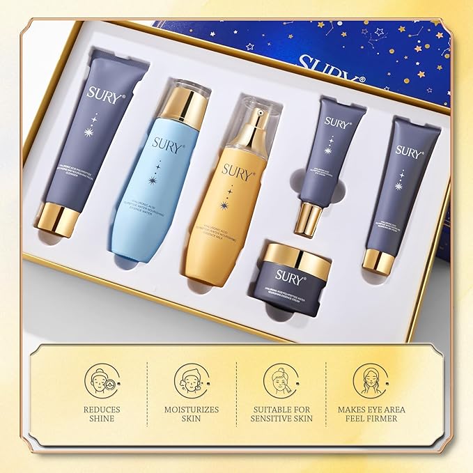 6-pcs Anti-Aging Skin Care Set Gentle Skin | Complete Skincare Process Beauty Skin Care Kit Gift Sets & Kits with Cleanser, Toner, Lotion, Essence, Face Cream, Eye Cream for Women Girl Gifts