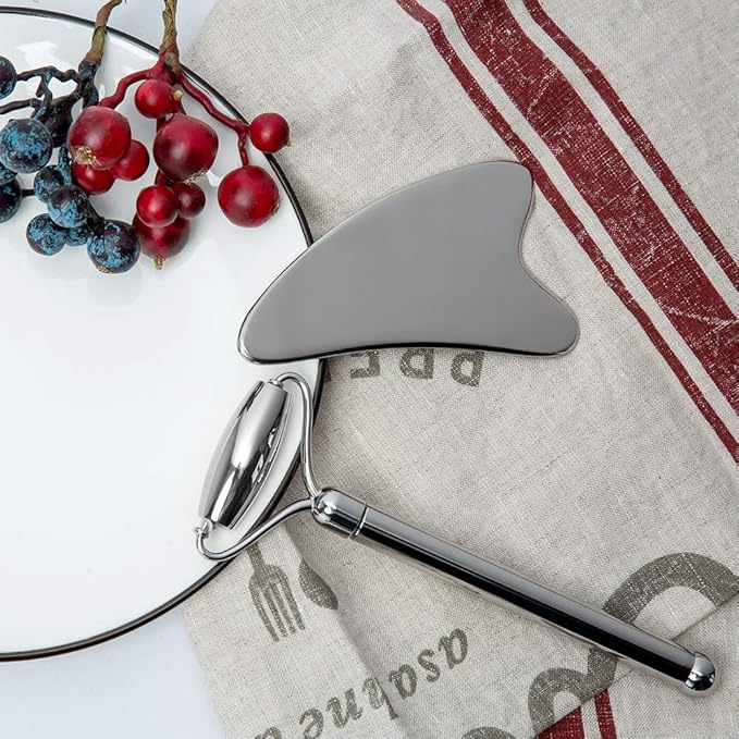 Face Roller and Gua Sha Set - Stainless Steel Mini Eye Roller Set, Face Massager for Wrinkles, Anti Aging Facial Roller - Authentic, Durable, Noiseless Design