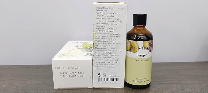 Ginger 3.38fl.oz Essential Oil, PHATOIL Pure Aromatherapy Oils for Diffuser, Humidifier, Perfect for DIY Soap, Candle, Bath Bombs Making(100ml)