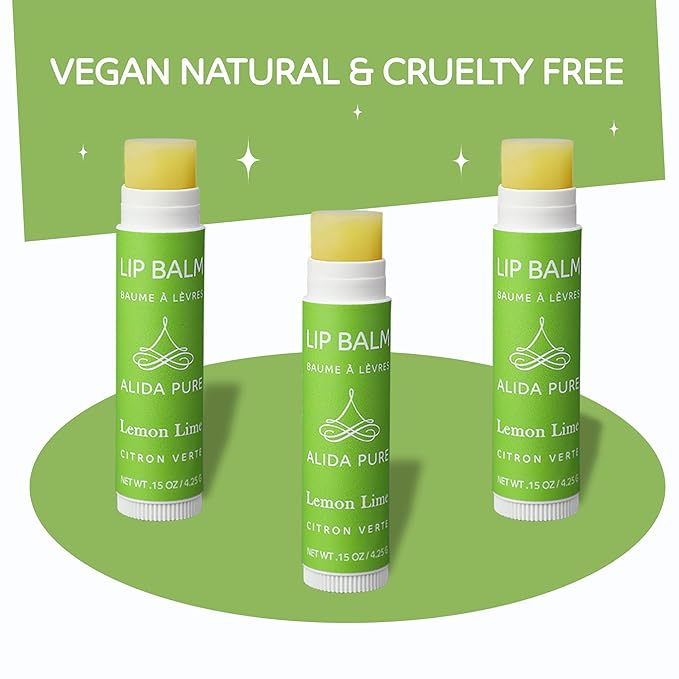 Lemon Lime Lip Balm Collection, Vegan Lip Balm Set, Bees Wax Free, Avocado Oil, Organic Jojoba Oil, Vitamin E, Moisturizer For Dry Cracked Lips, 3 Tubes per Set