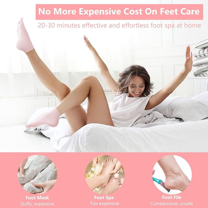 2Pairs Silicone Socks for Dry Cracked Feet Women,Non-Slip Moisturizing Foot Mask Exfoliating Socks,Cracked Heel Treatment and Silicone Moisturizing Foot Socks for Women - Pink + White