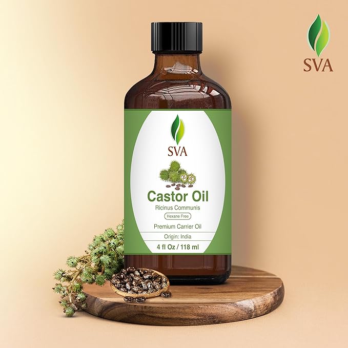 SVA Castor Seed Oil - 4 Fl Oz – 100% Natural Cold Pressed Castor Oil - for Face, Skin Care, Hair Care, Scalp Massage & Body Massage – Carrier Oil with Dropper