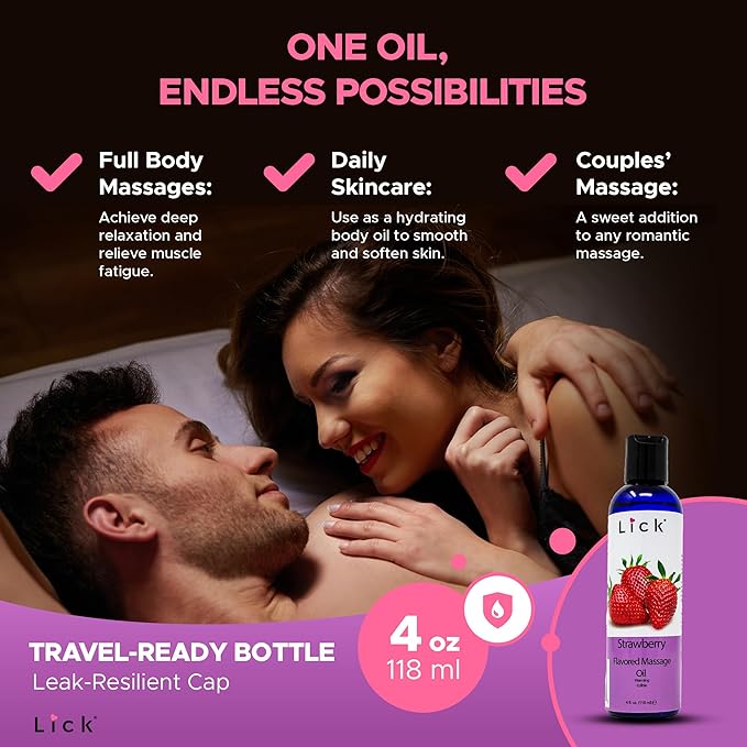 Lick Strawberry Flavored Massage Oil with Natural Vitamin E - Aromatherapy & Moisturizing Body Oil for Relaxing Muscle Massage - Essential Non-Sticky Skin Therapy for Men and Women - 4 oz